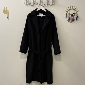 Long Black Women's Wool-Blend Wrap Coat.